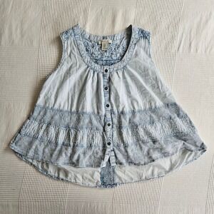 Blue Denim Embroider Lace Tiered Sleeveless Cottagecore Lightweight Top Women S